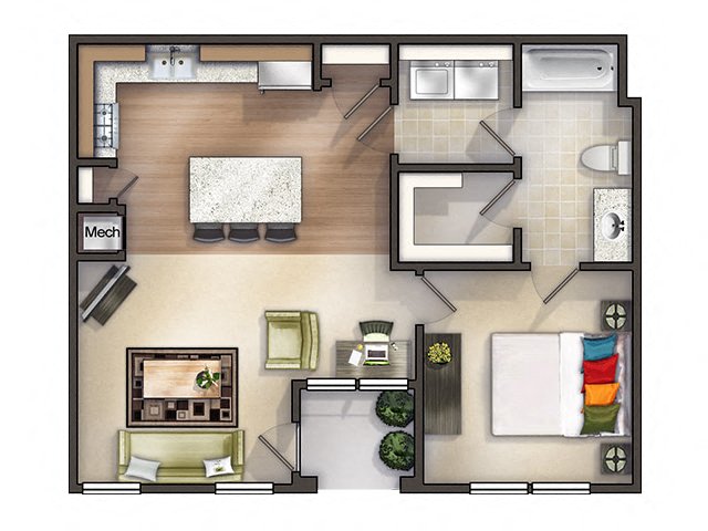Floor plan for 1 bed, 1 bath, 781 sqft